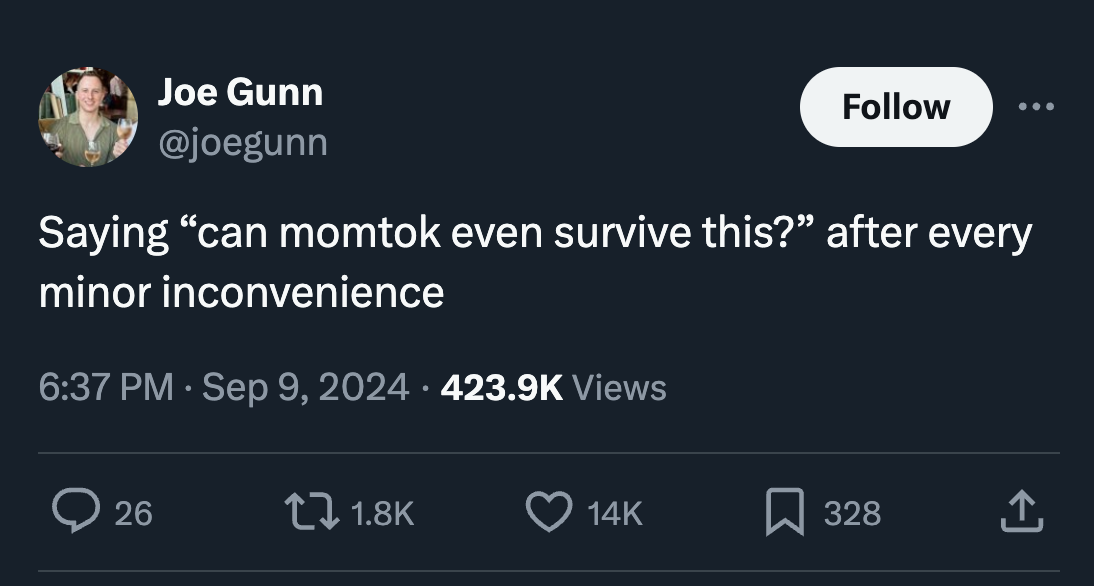 screenshot - Joe Gunn Saying "can momtok even survive this?" after every minor inconvenience Views 26 14K 328